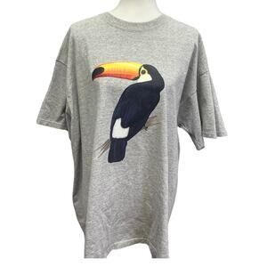 Upcycled Hand Printed Mens 2XL Tropical Toucan Bird PolyCotton Short Sleeve Tee